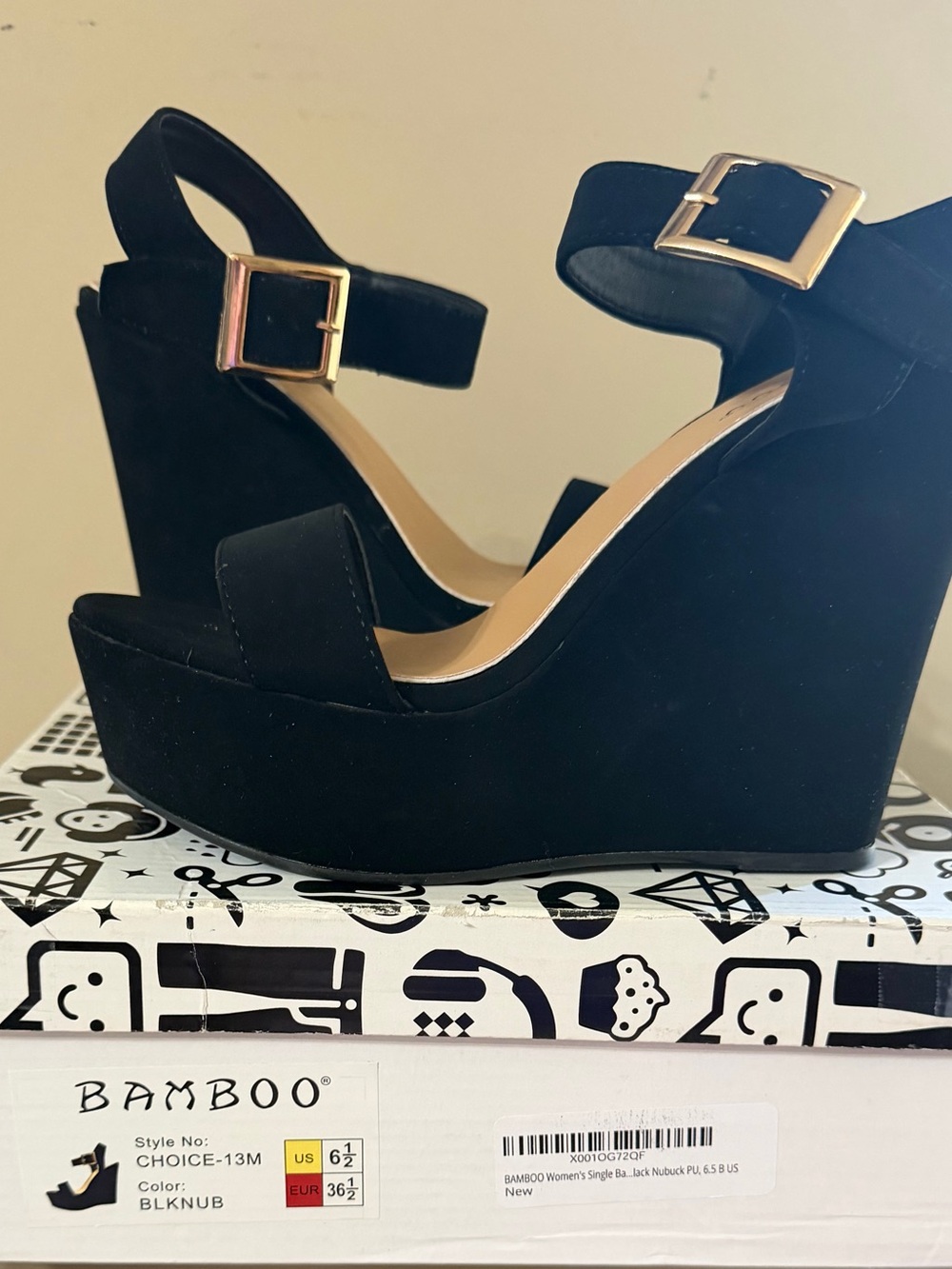 BAMBOO Black Nubuck Platform Wedge Sandals with Ankle Buckle